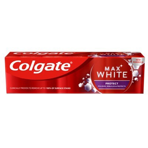 Bieliaca zubná pasta Colgate Max White Charcoal v červeno-čiernej krabici s aktívnym uhlím pre jemné minerálne čistenie. Obal uvádza: 'klinicky preukázané, že odstraňuje až 100 % povrchových škvŕn' a označenie 'novinka'.
