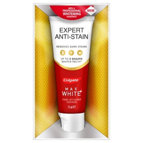 Bieliaca zubná pasta Colgate Max White Expert Anti-Stain 75 ml odstraňujúca tmavé škvrny pre belší úsmev.