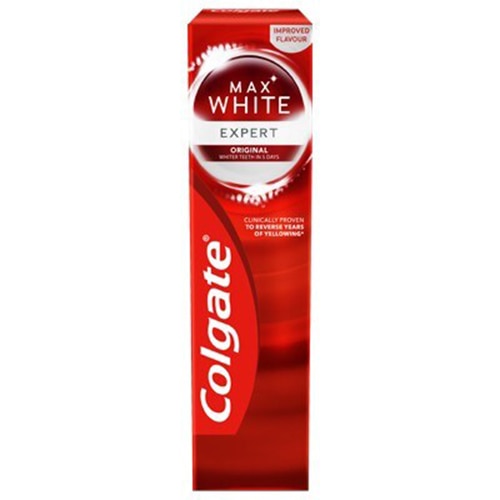 Bieliaca zubná pasta Colgate Max White Expert Original v červenej krabičke.