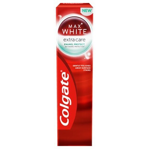 Bieliaca zubná pasta Colgate Max White Extra Care Enamel Protect na ochranu skloviny v červenej krabičke.