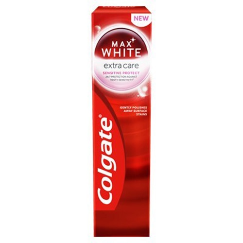 Bieliaca zubná pasta Colgate Max White Extra Care Sensitive Protect na citlivé zuby v červenej krabičke.