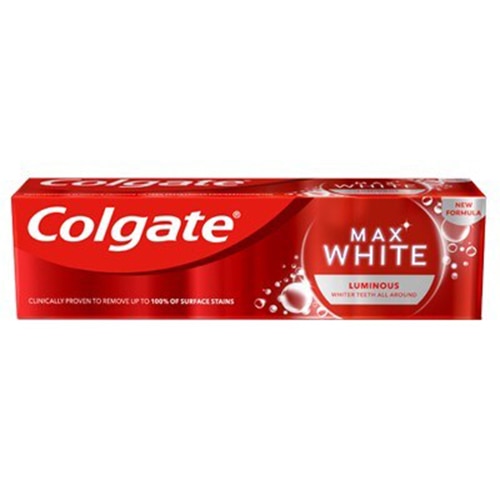 Bieliaca zubná pasta Colgate Max White Luminous v červenej krabičke na odstraňovanie škvŕn.