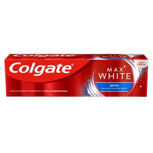 Bieliaca zubná pasta Colgate Max White Optic v červenej krabičke pre okamžite belšie zuby.